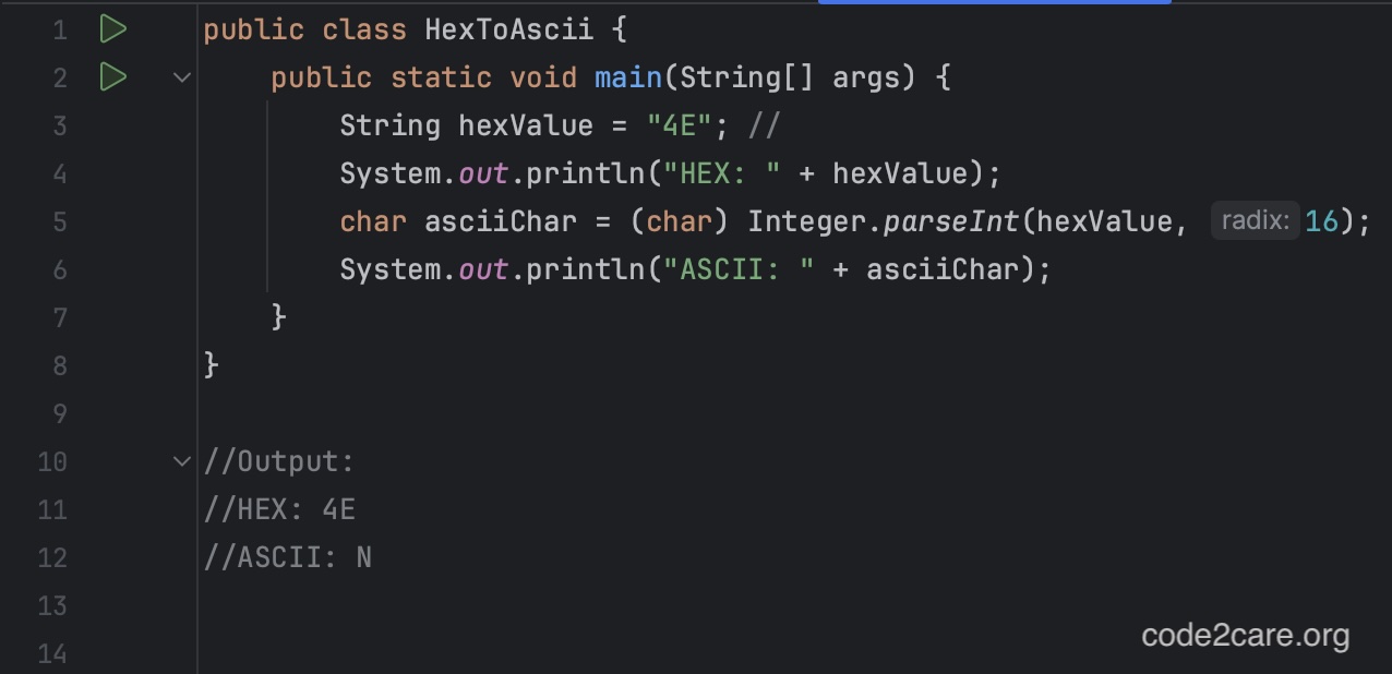 Hex to Ascii Example in Java